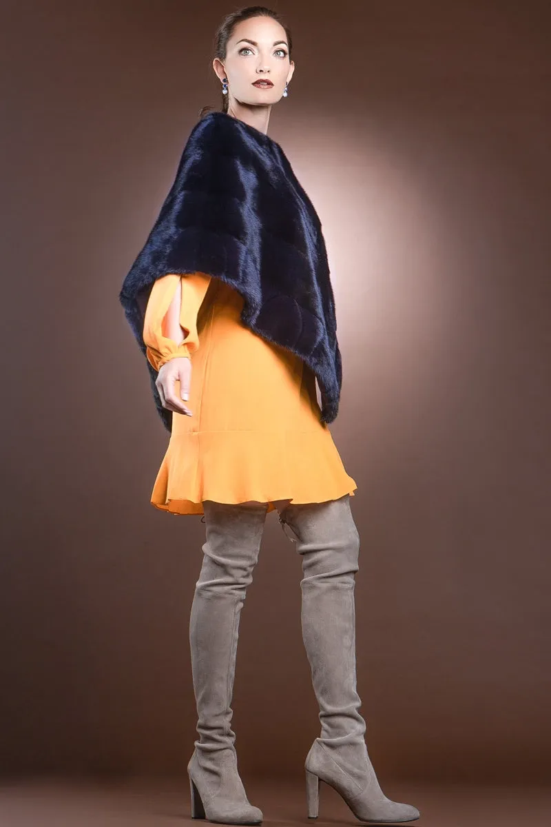 Diagonal Mink Fur Poncho-Brick Border Pattern