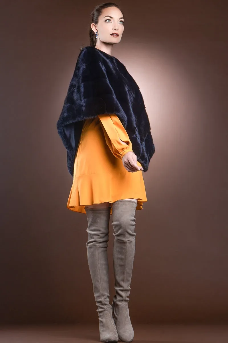 Diagonal Mink Fur Poncho-Brick Border Pattern