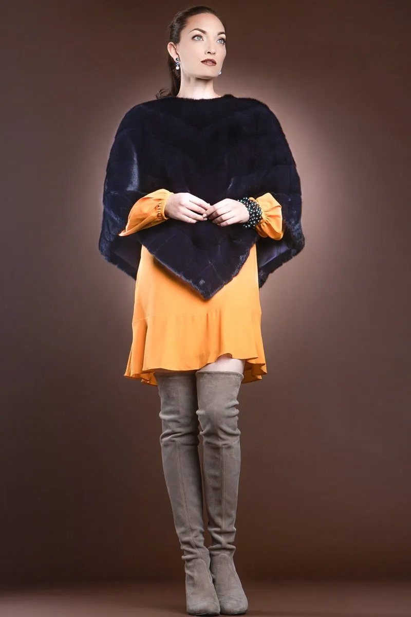 Diagonal Mink Fur Poncho-Brick Border Pattern