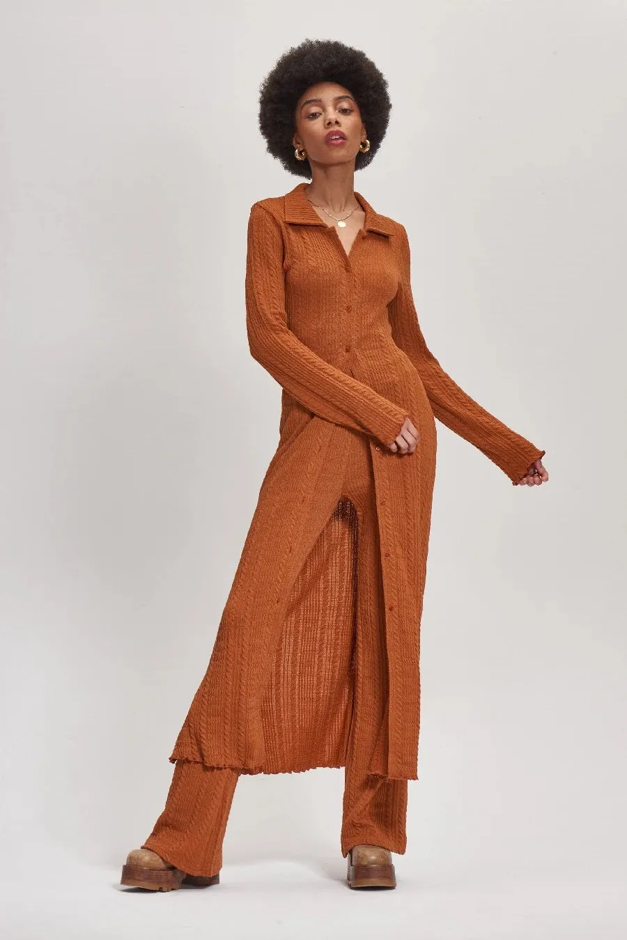 Edie Maxi Cable Jersey Knit Button Through Dress - Dark Orange