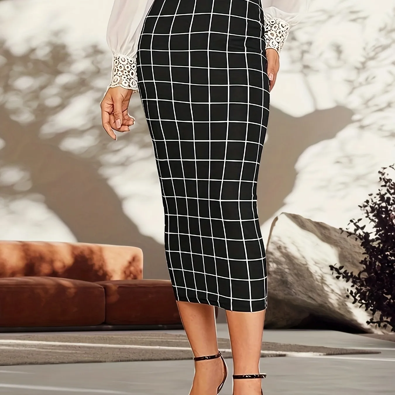 Elegant Plaid Stretch Maxi Skirt – Women's All-Season Bodycon with Easy Care, Comfort Knit