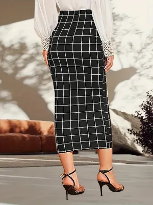 Elegant Plaid Stretch Maxi Skirt – Women's All-Season Bodycon with Easy Care, Comfort Knit