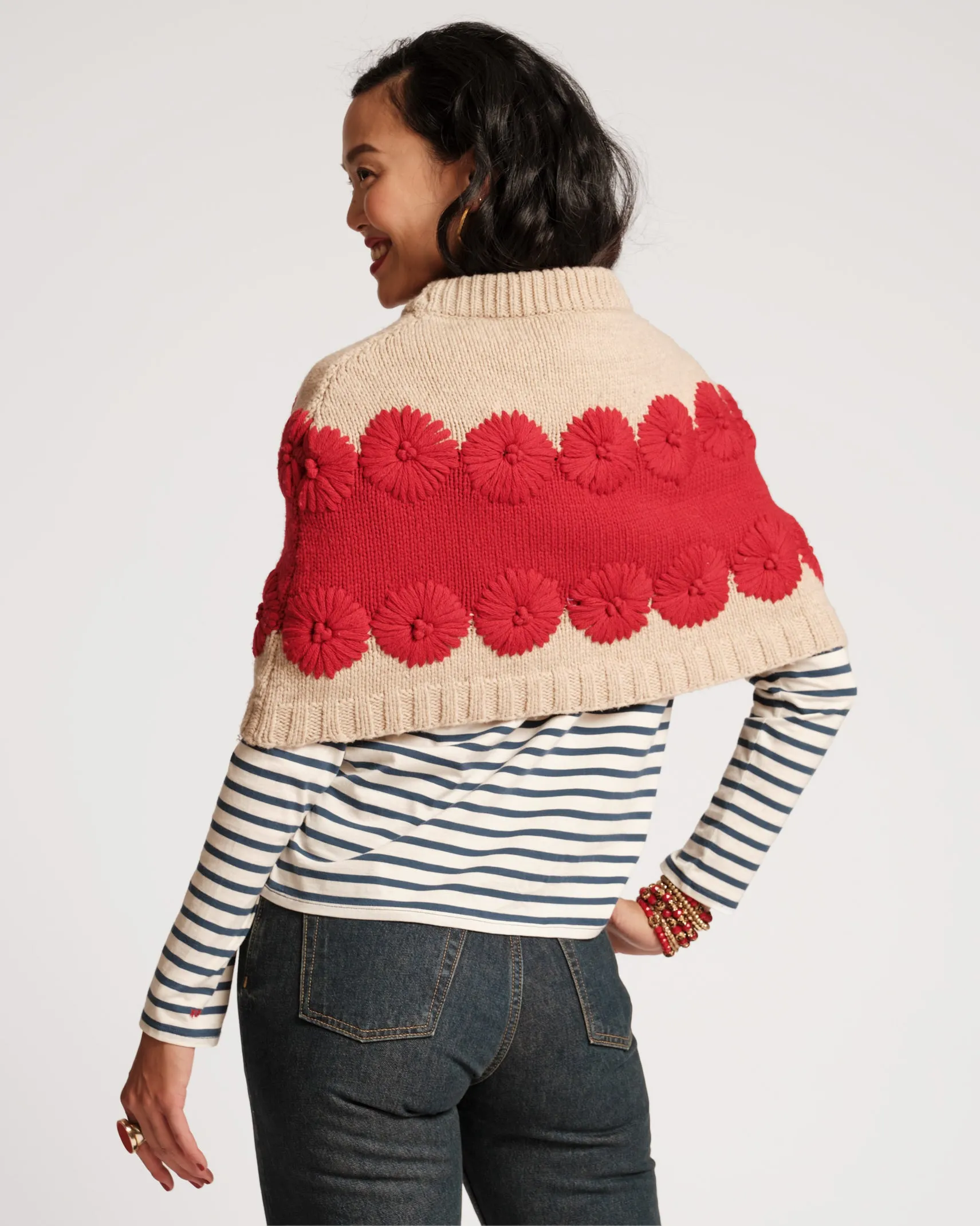 Emma Embroidered Flower Wool Shrug Oyster Red