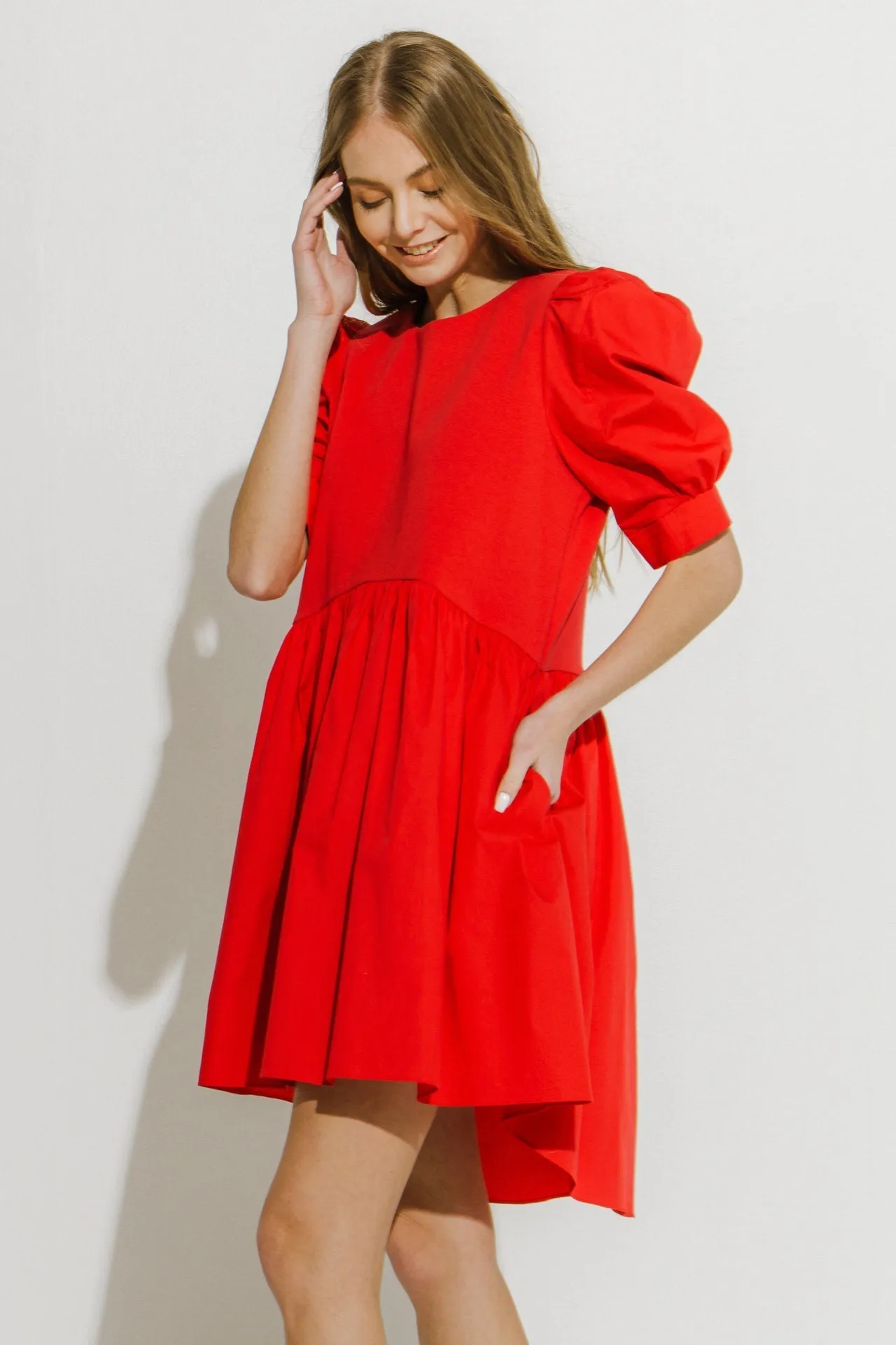 English Factory - Puff Sleeve High Low Knit Combo Dress