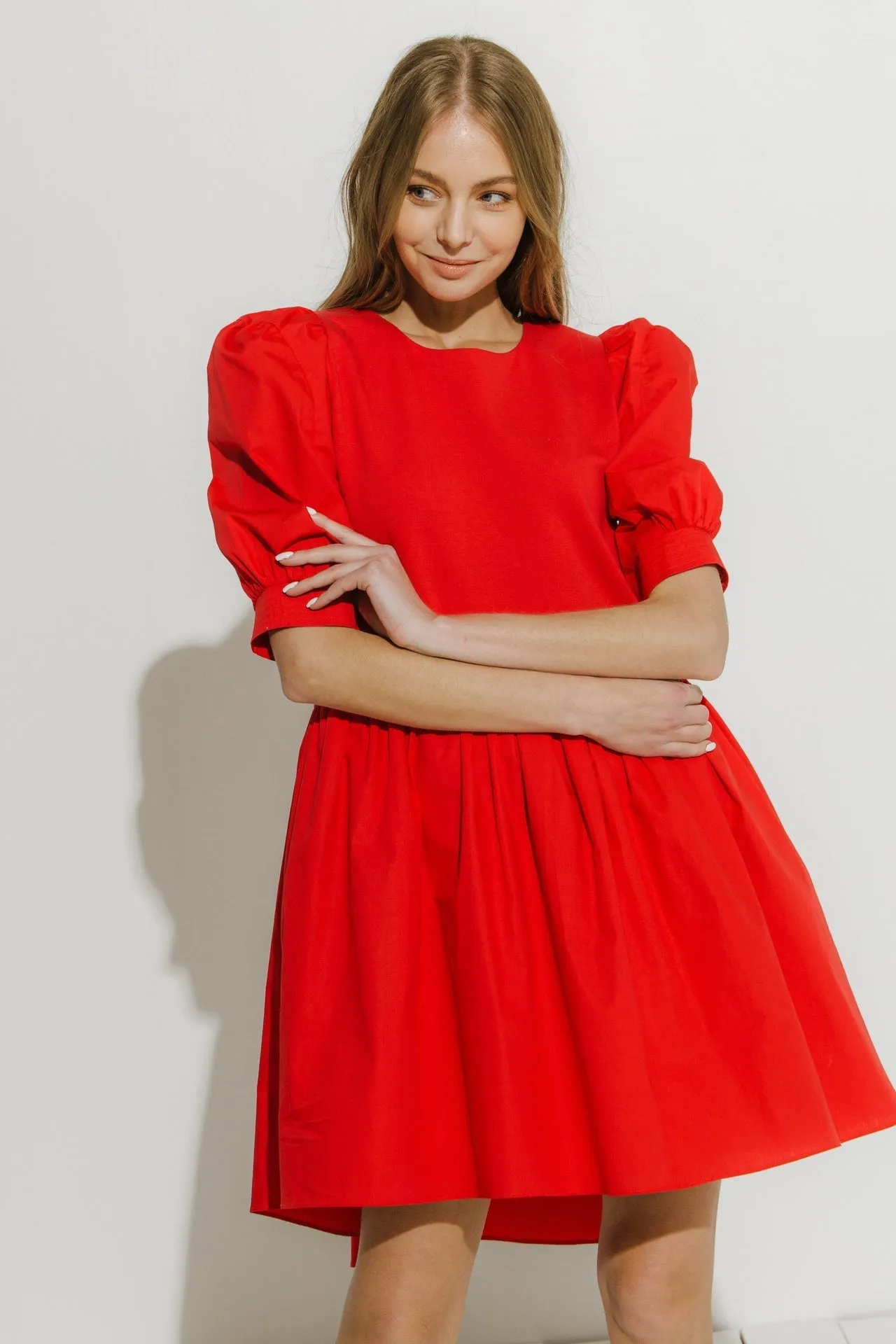 English Factory - Puff Sleeve High Low Knit Combo Dress