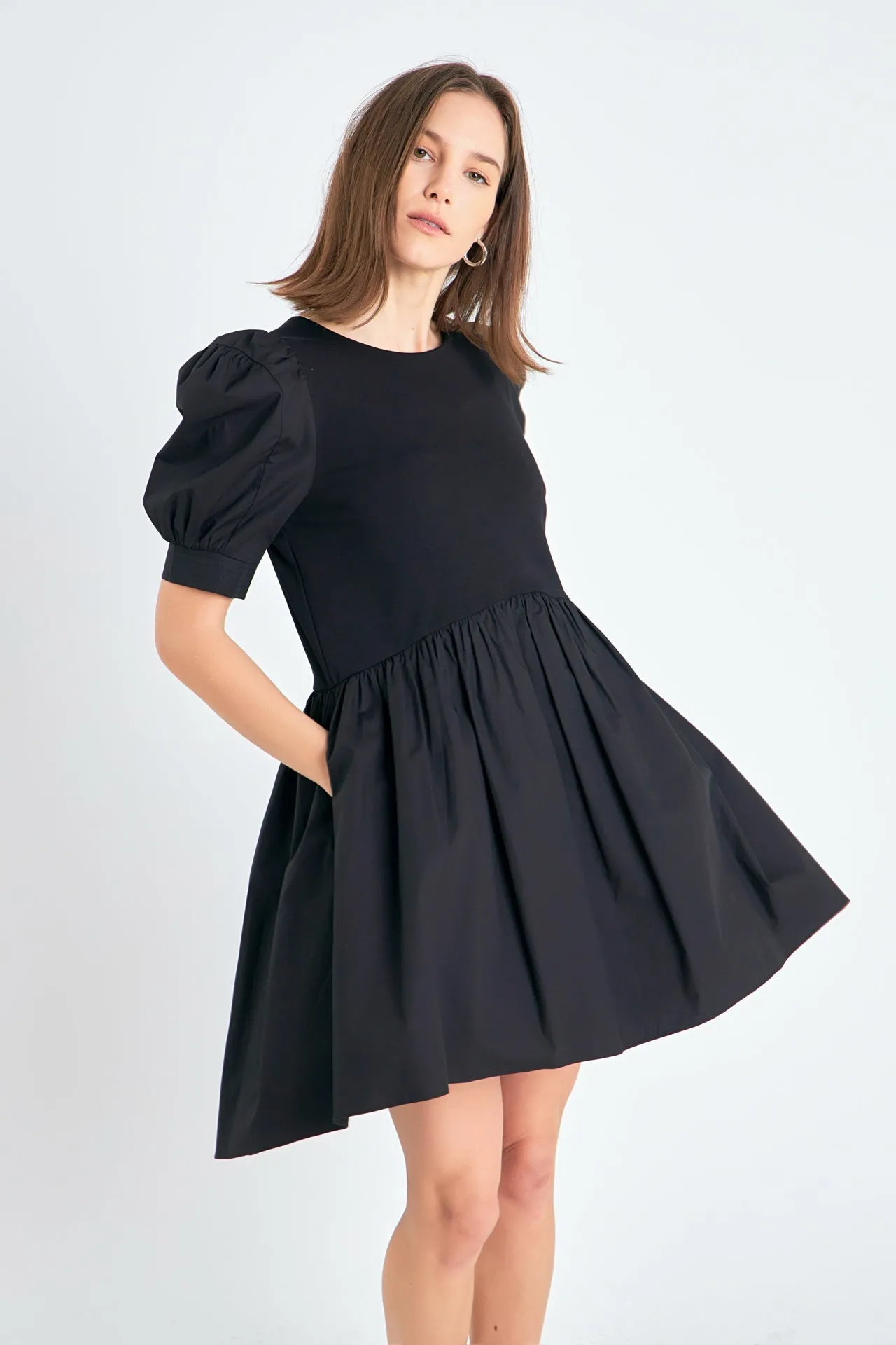 English Factory - Puff Sleeve High Low Knit Combo Dress