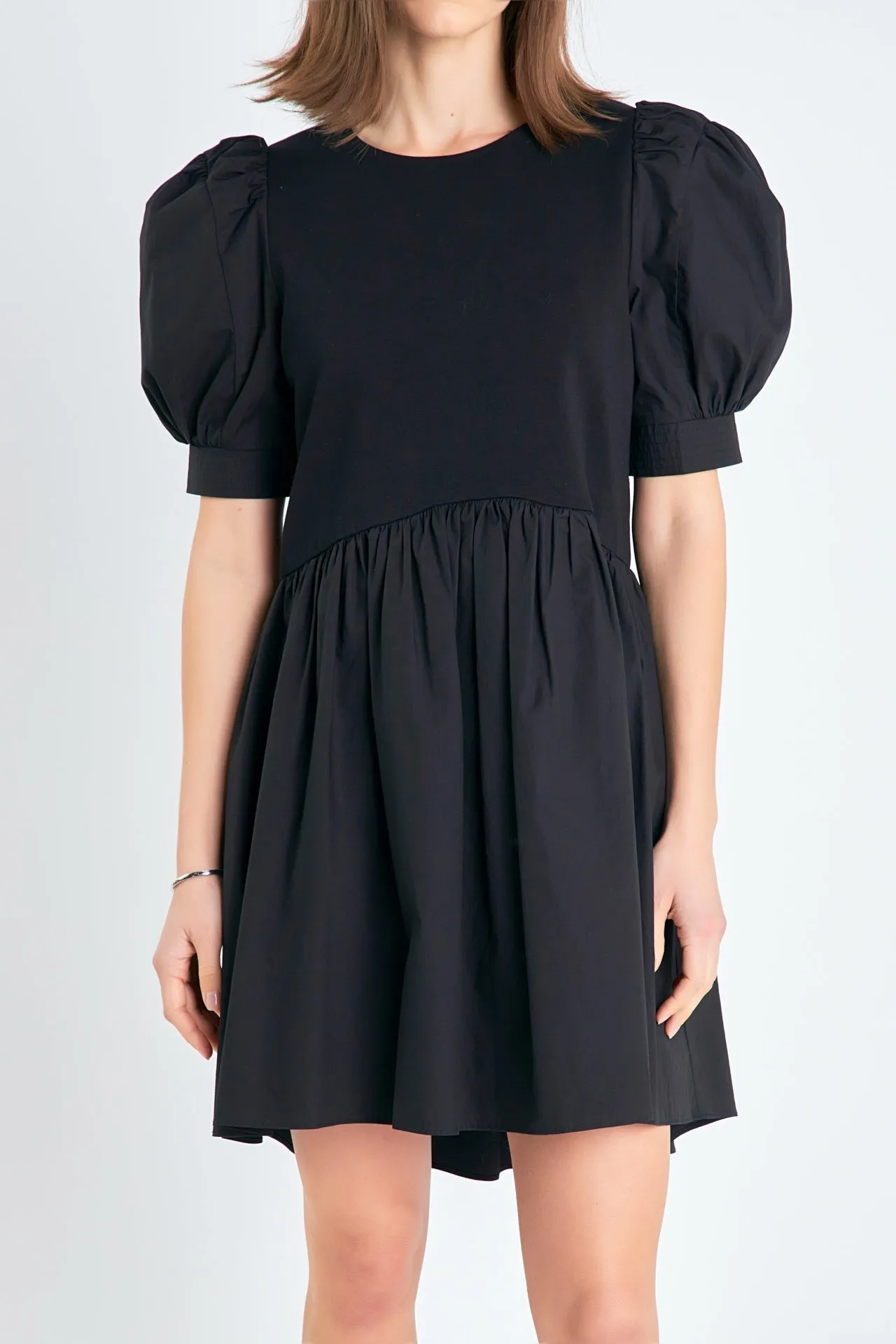 English Factory - Puff Sleeve High Low Knit Combo Dress