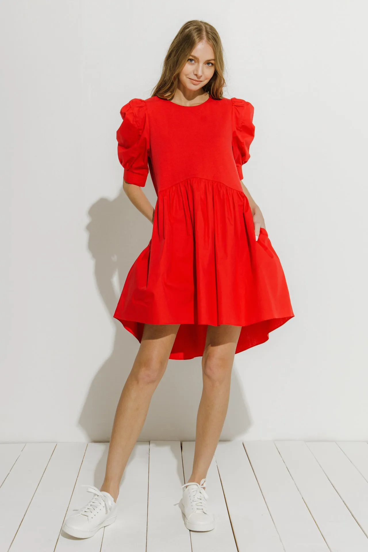 English Factory - Puff Sleeve High Low Knit Combo Dress