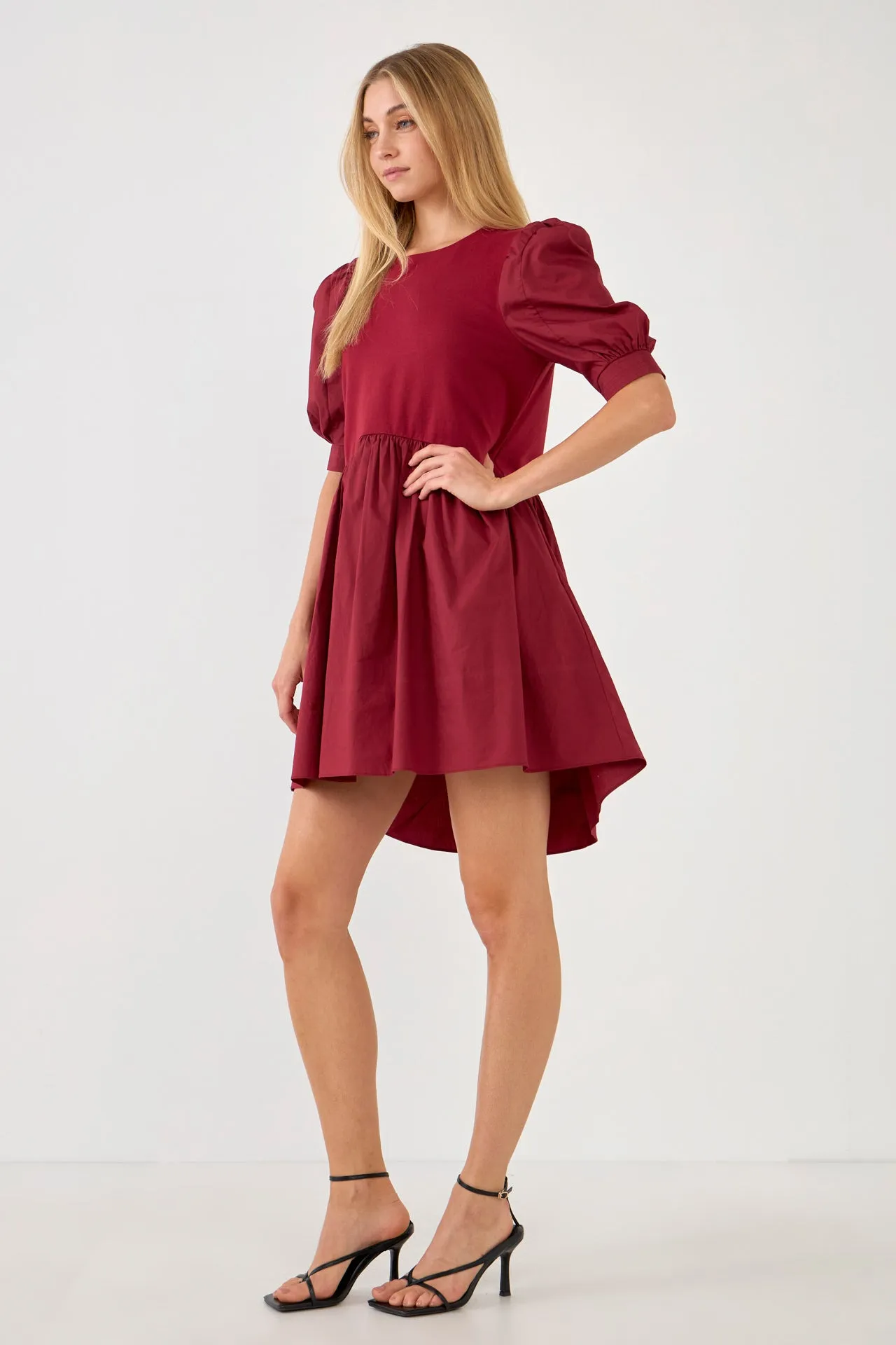 English Factory - Puff Sleeve High Low Knit Combo Dress