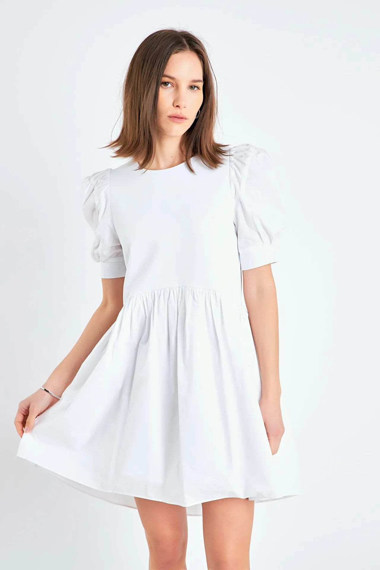 English Factory - Puff Sleeve High Low Knit Combo Dress