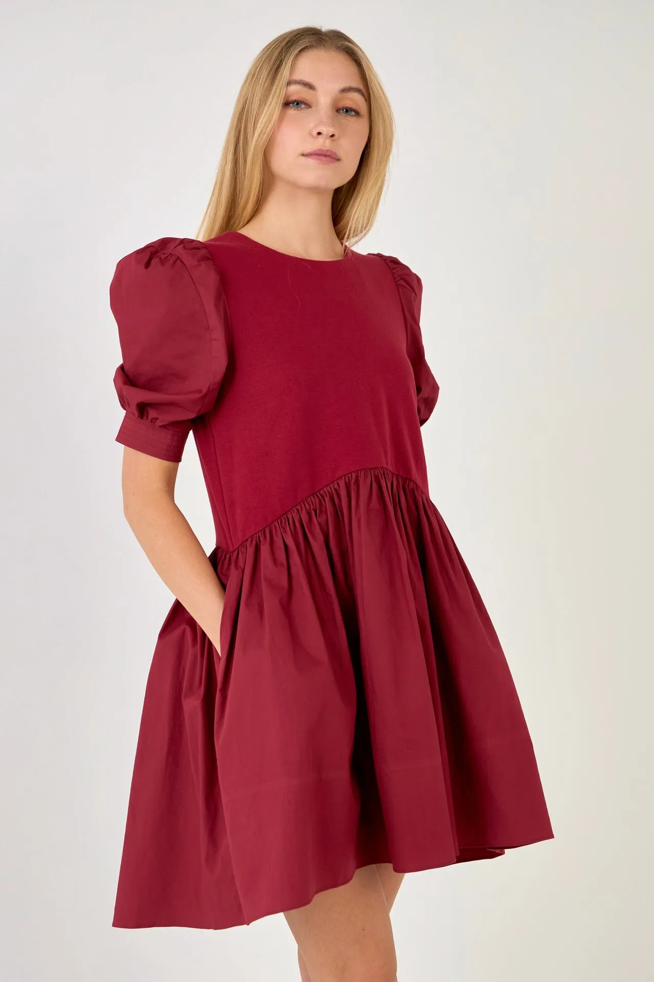 English Factory - Puff Sleeve High Low Knit Combo Dress