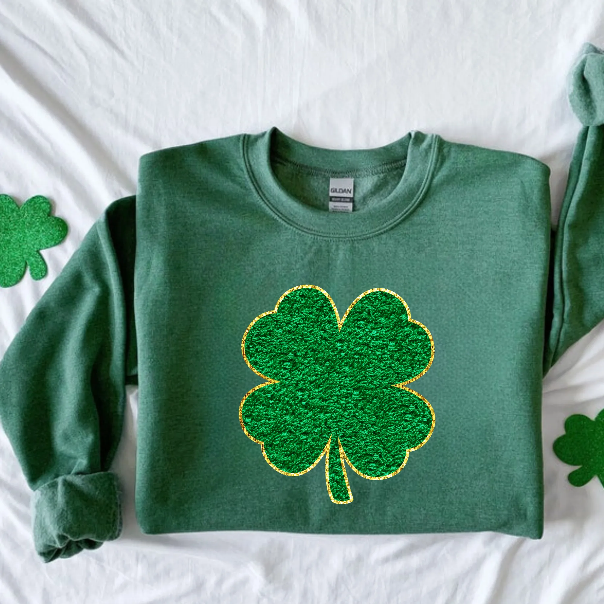 Faux Chenille Patch Shamrock St Patricks Day Sweatshirt