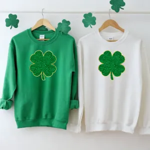 Faux Chenille Patch Shamrock St Patricks Day Sweatshirt