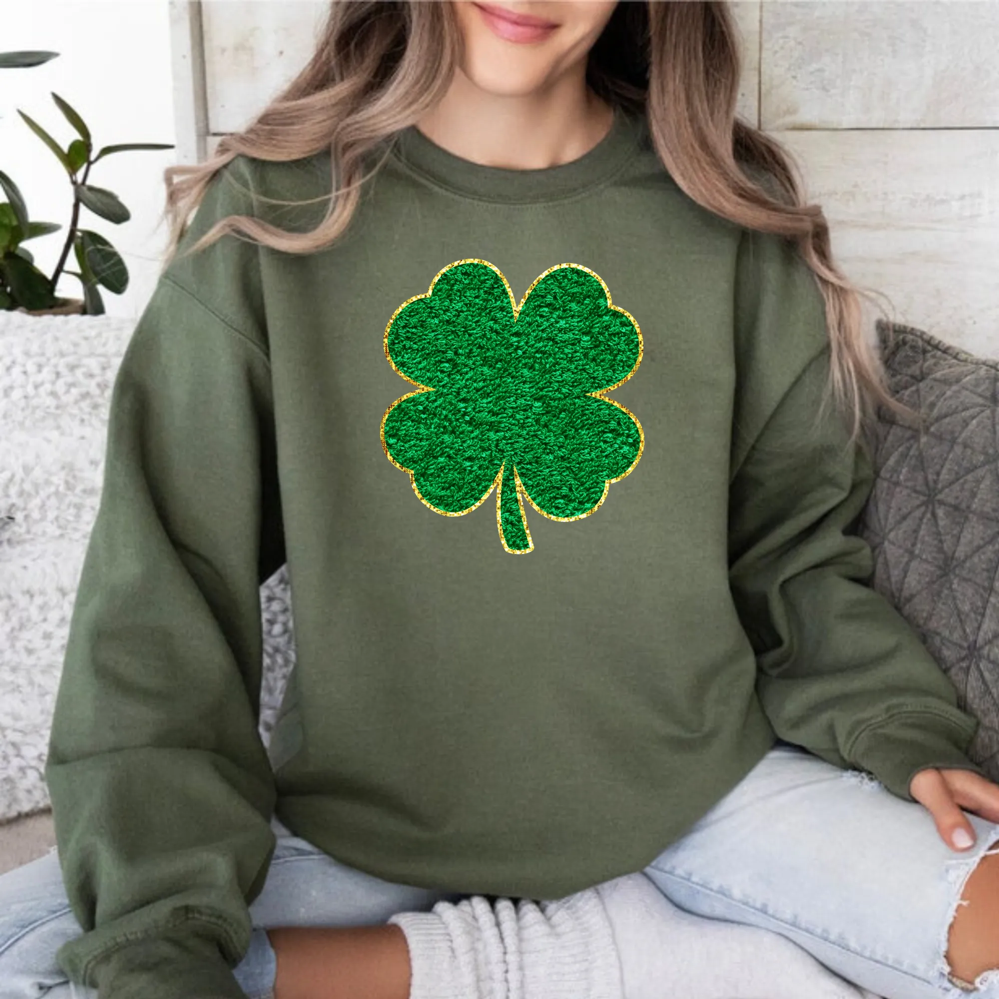 Faux Chenille Patch Shamrock St Patricks Day Sweatshirt