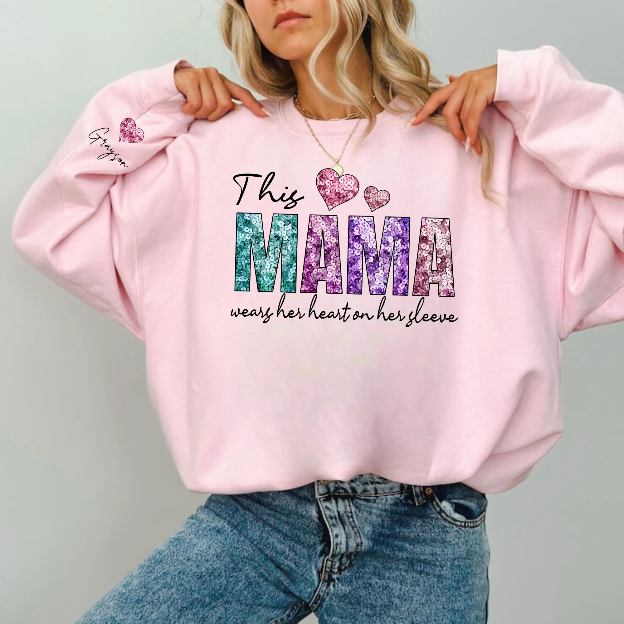 Faux Sequin This Mama Wears Her Heart On Her Sleeve Sweatshirt