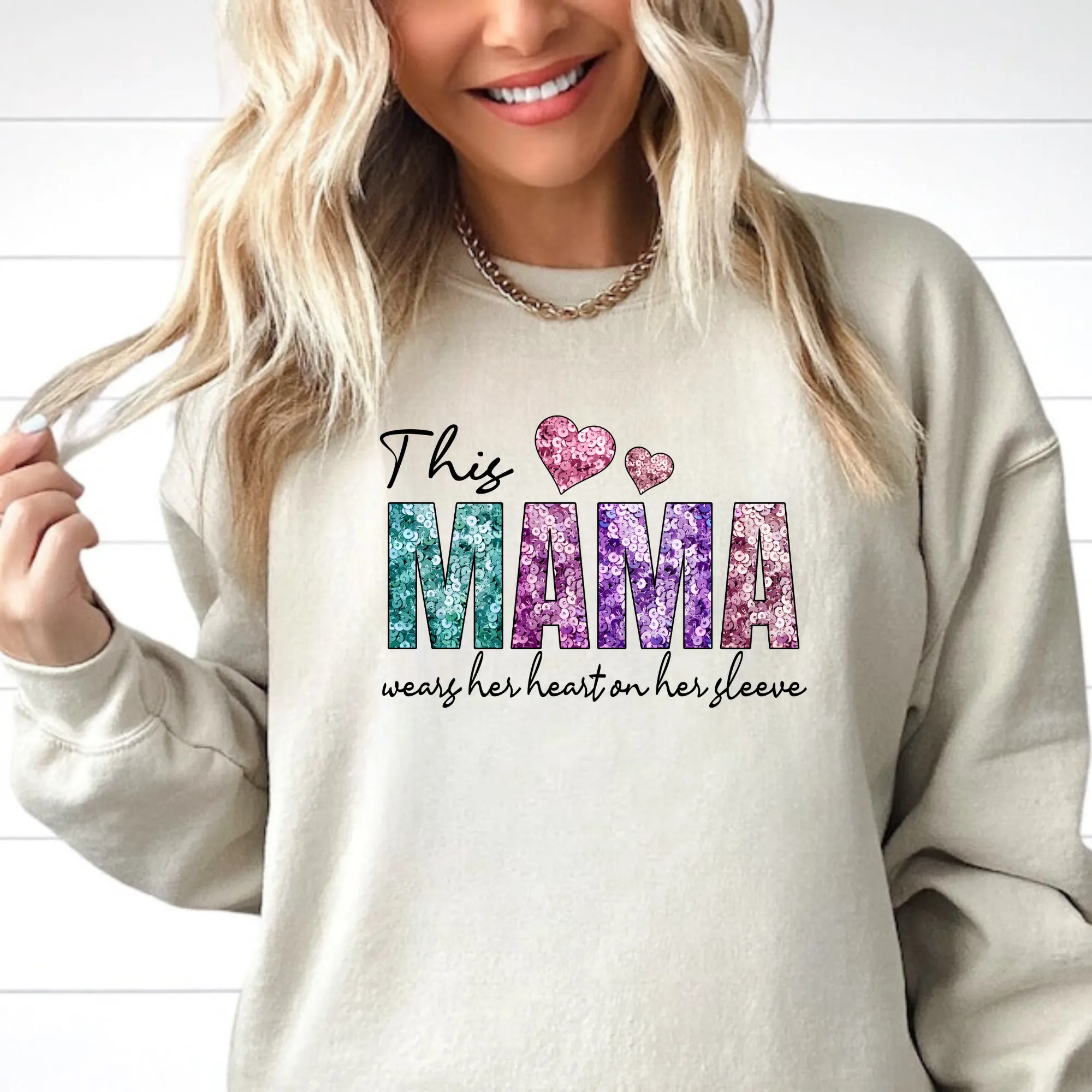 Faux Sequin This Mama Wears Her Heart On Her Sleeve Sweatshirt