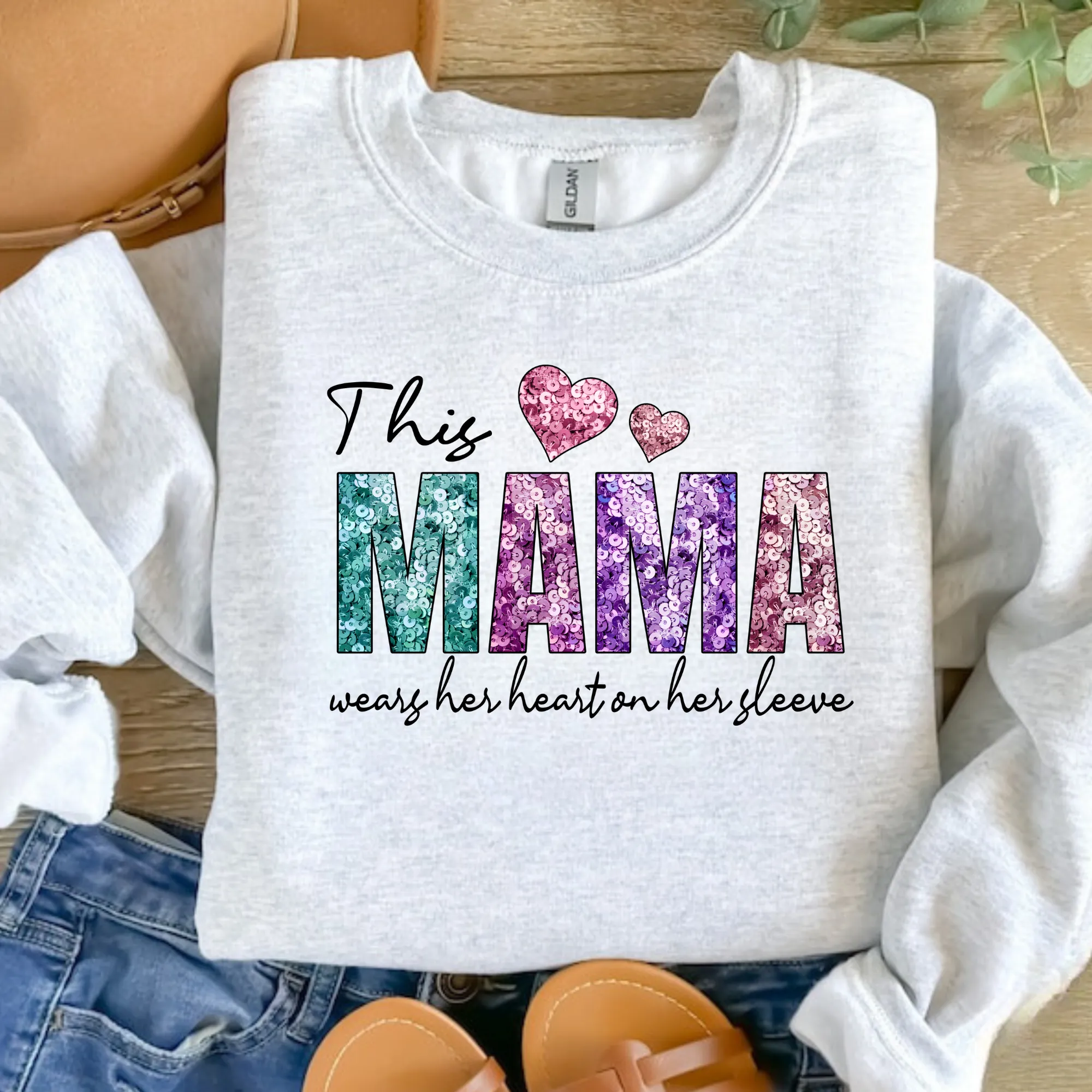 Faux Sequin This Mama Wears Her Heart On Her Sleeve Sweatshirt