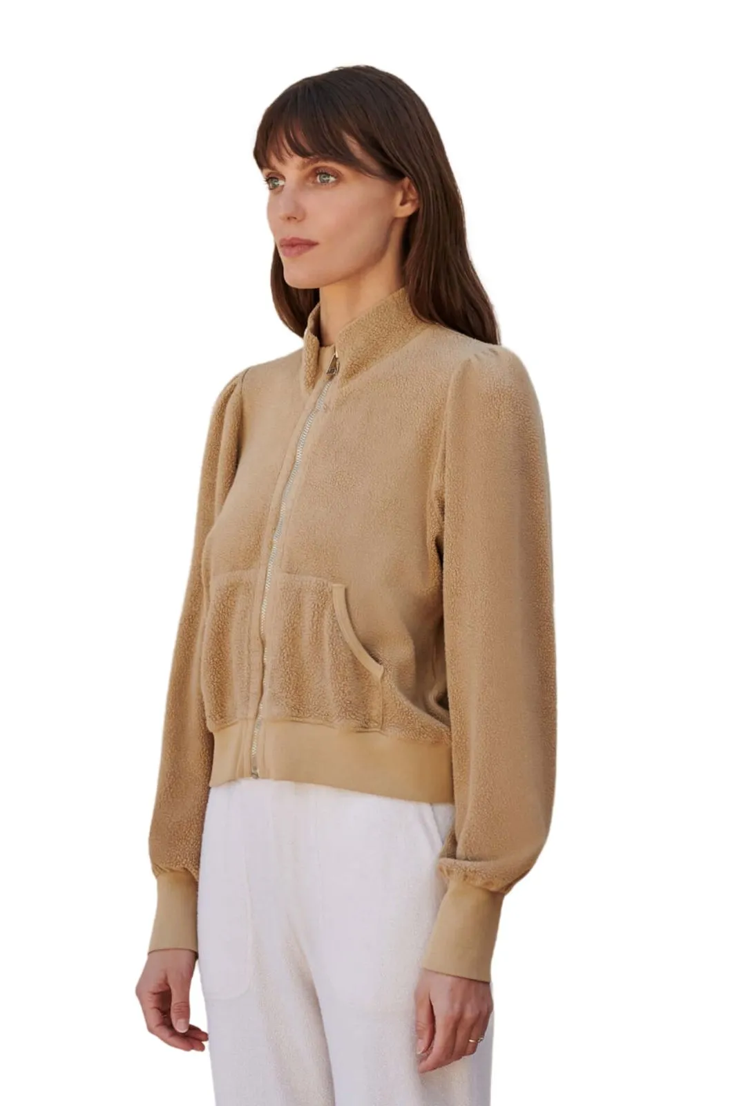 Faux Sherpa Zip Puff Sleeves, Biscuit