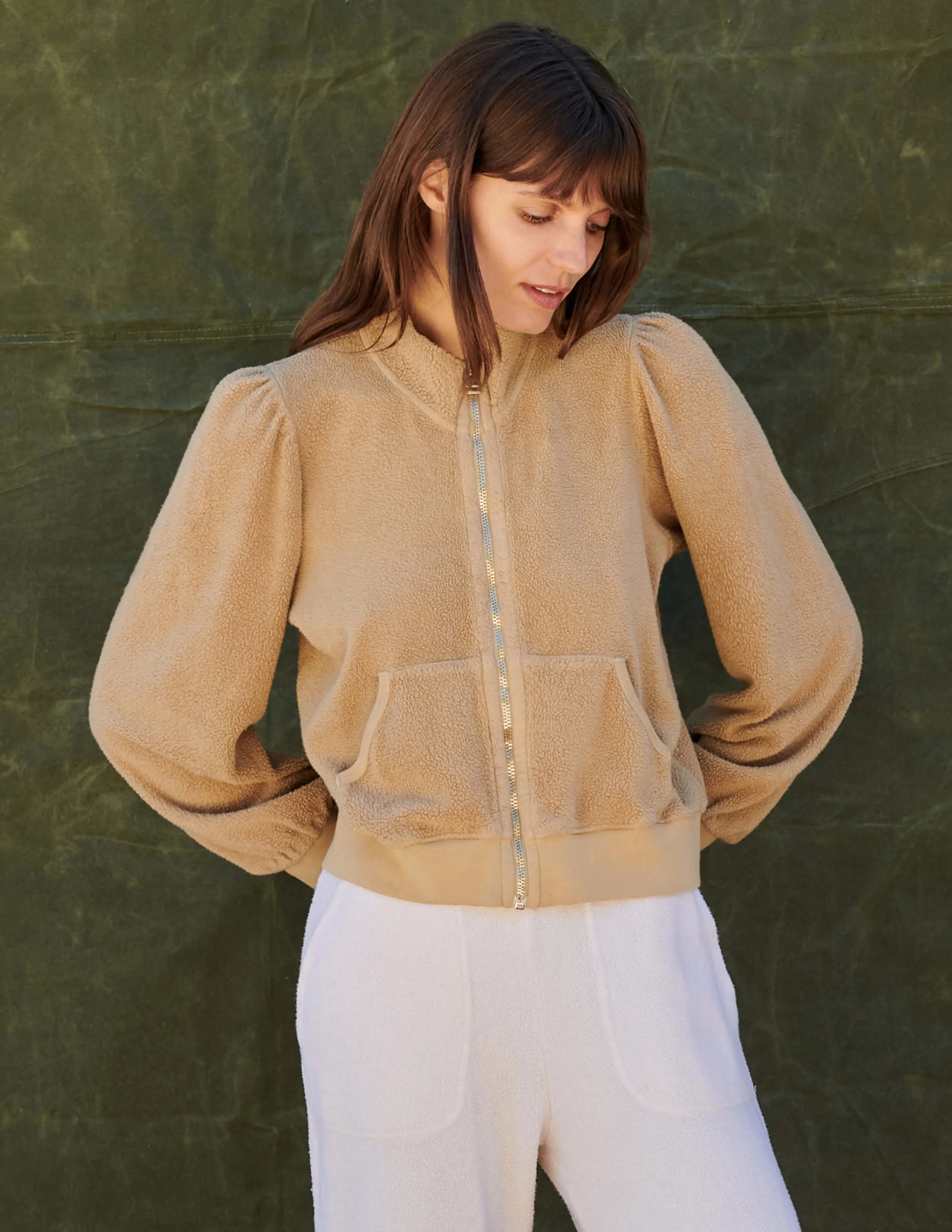 Faux Sherpa Zip Puff Sleeves, Biscuit