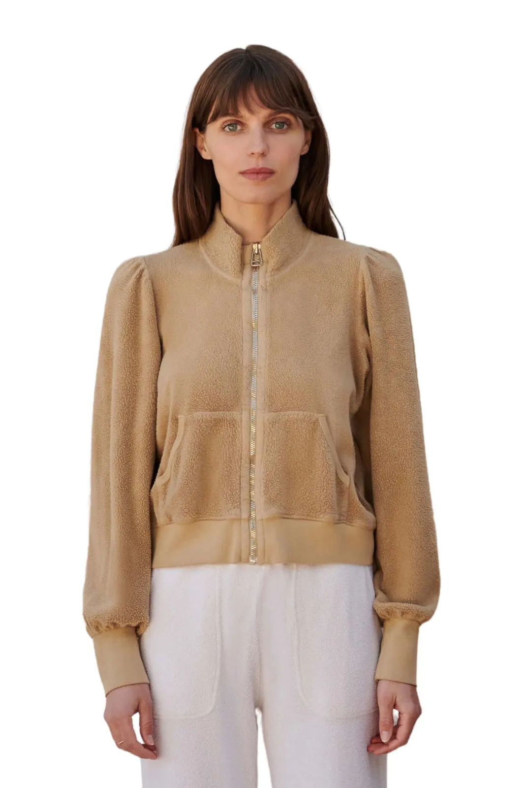 Faux Sherpa Zip Puff Sleeves, Biscuit