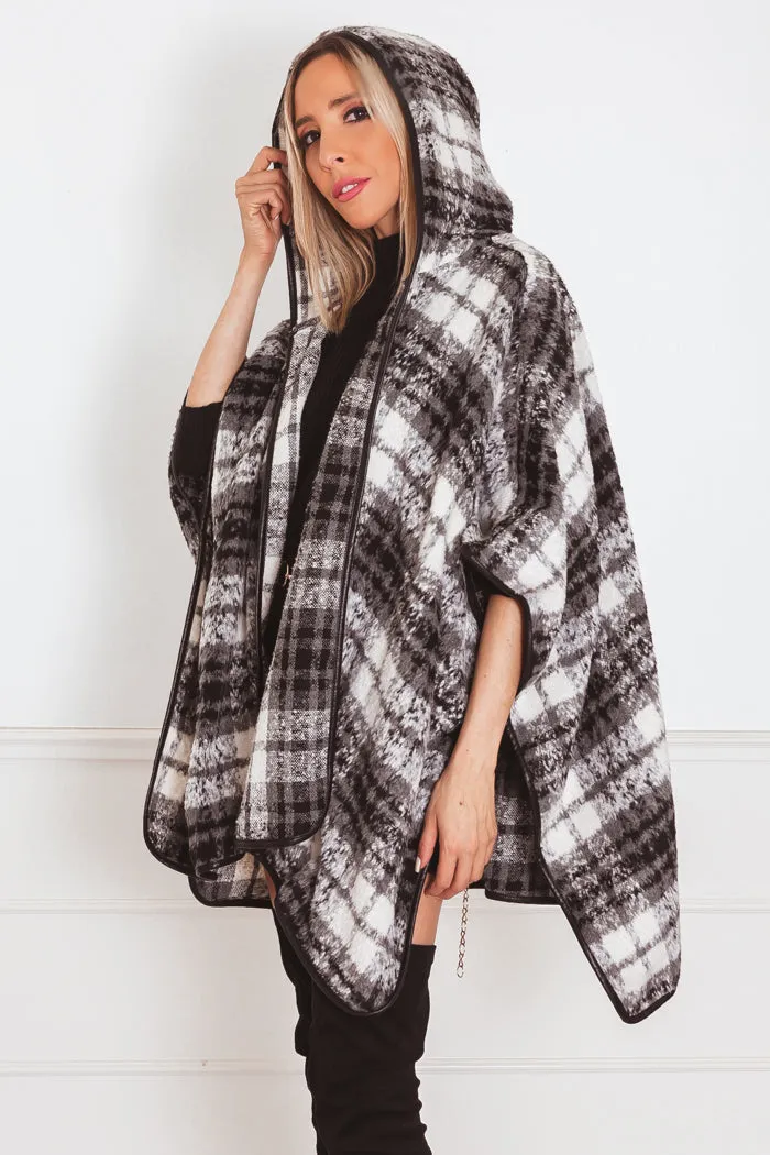 Fur Plaid Poncho Coat