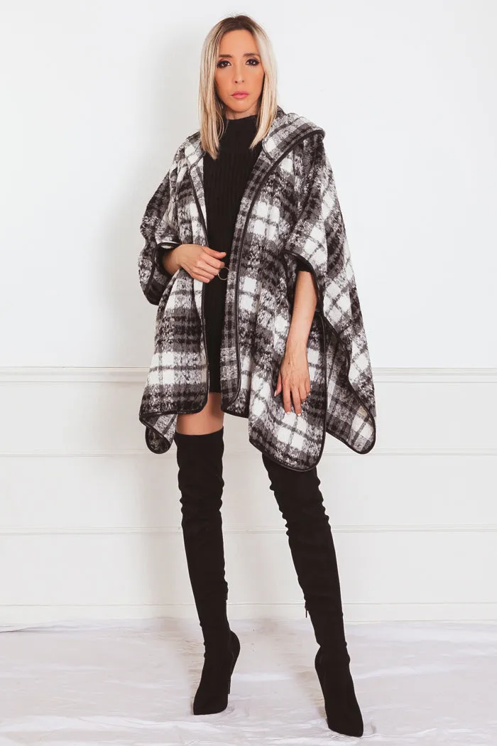 Fur Plaid Poncho Coat