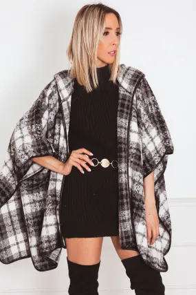 Fur Plaid Poncho Coat