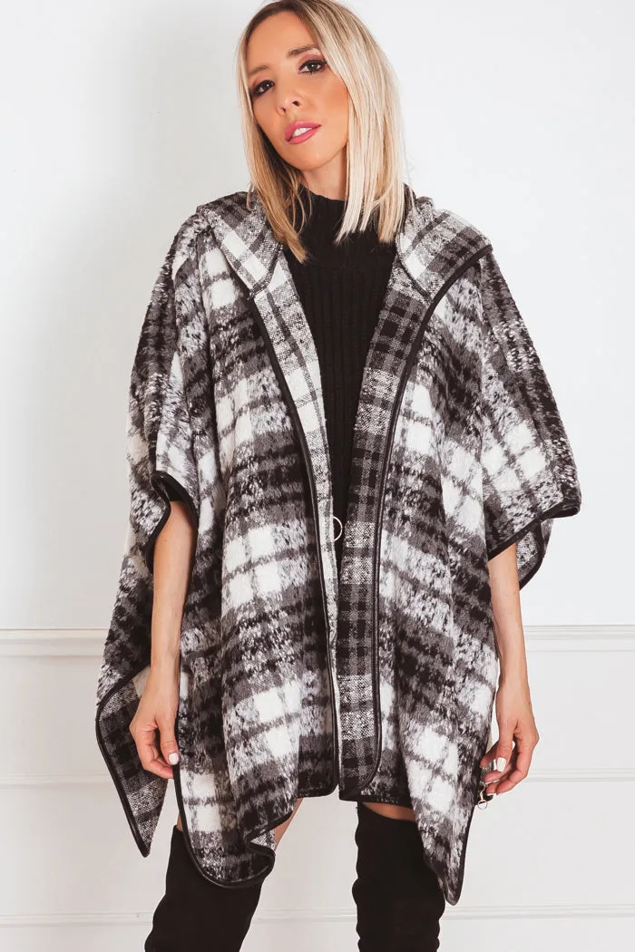 Fur Plaid Poncho Coat