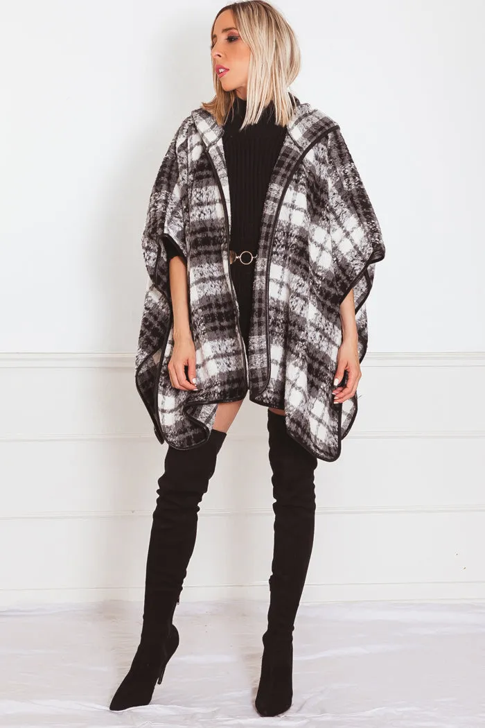 Fur Plaid Poncho Coat