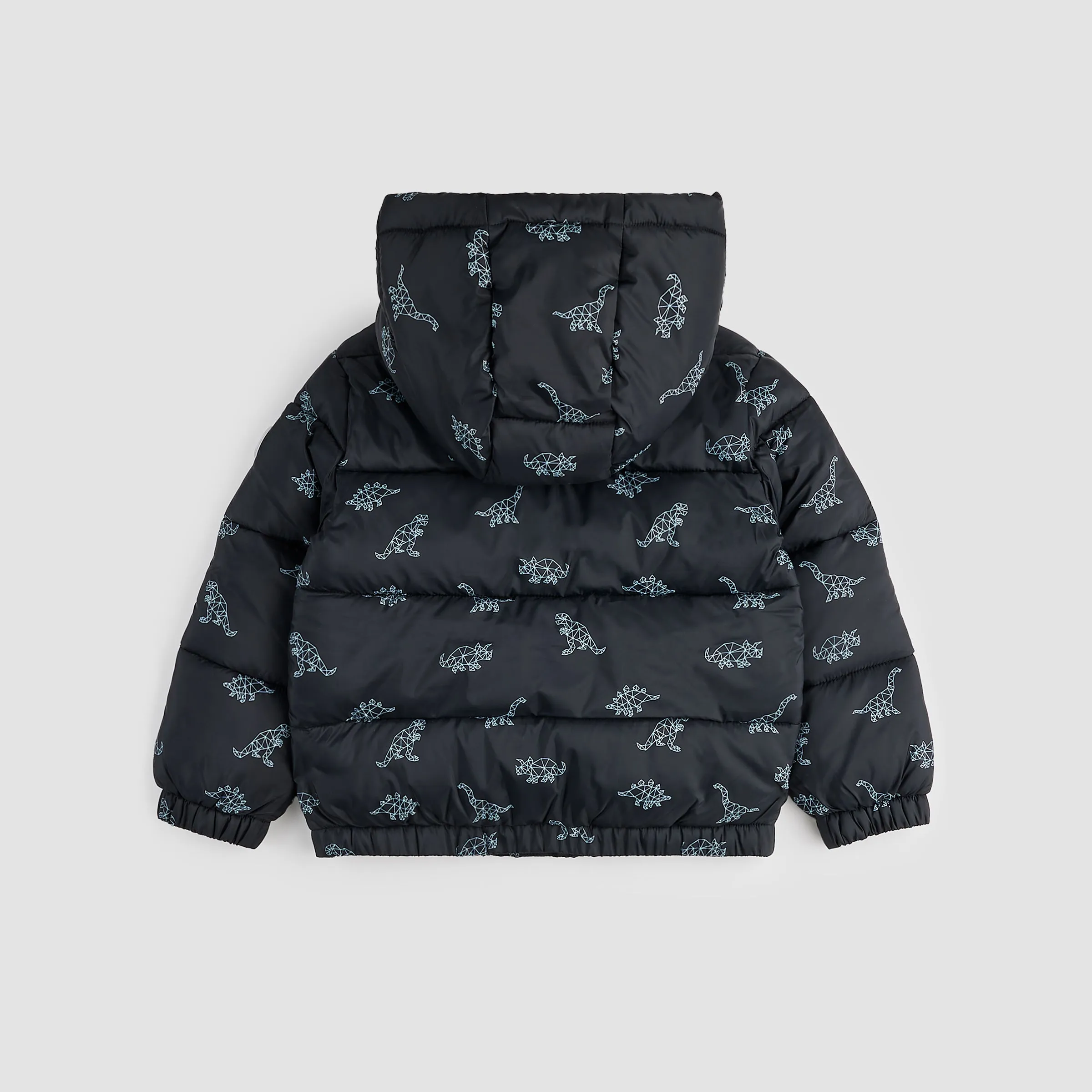 Geometric Dino Print on Black Hooded Packable