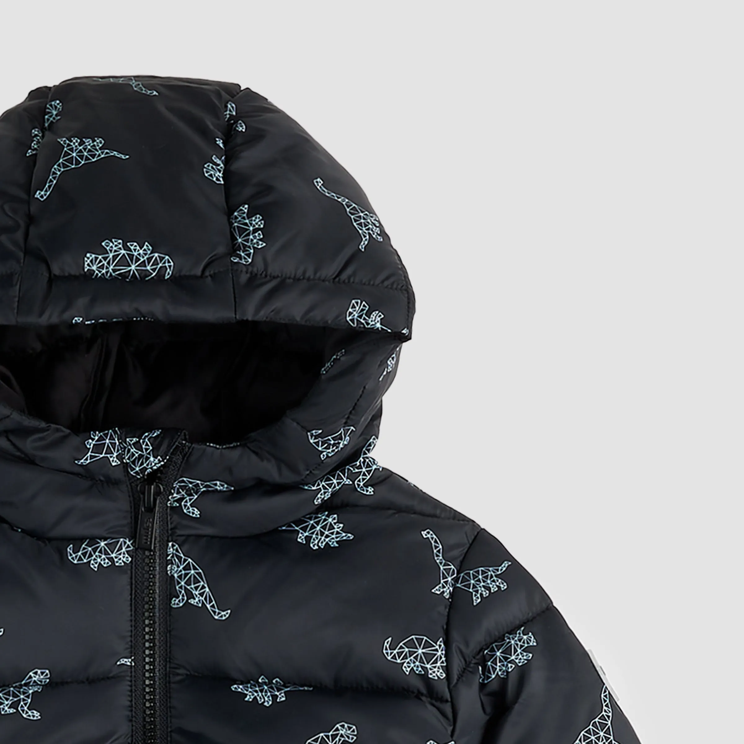 Geometric Dino Print on Black Hooded Packable