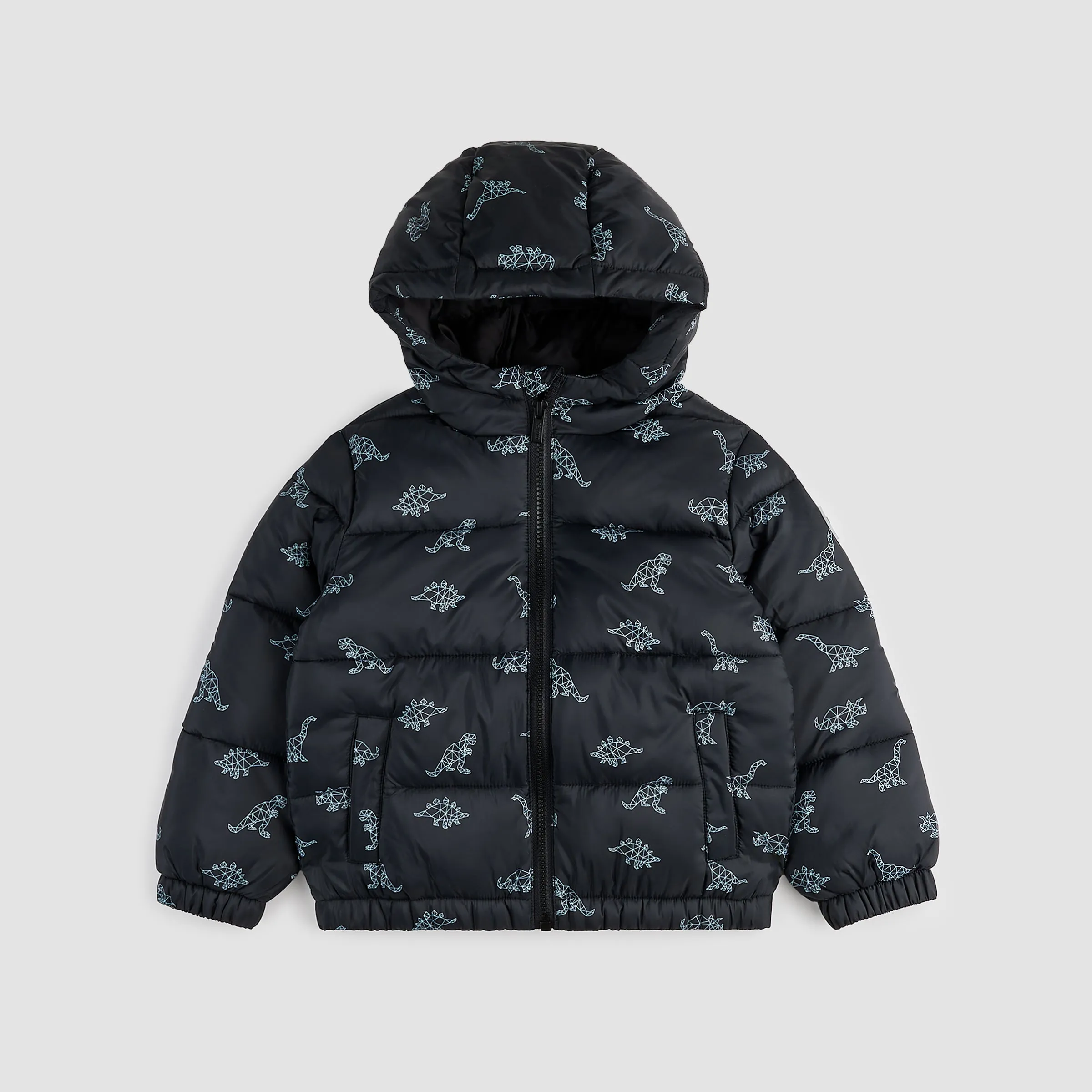 Geometric Dino Print on Black Hooded Packable