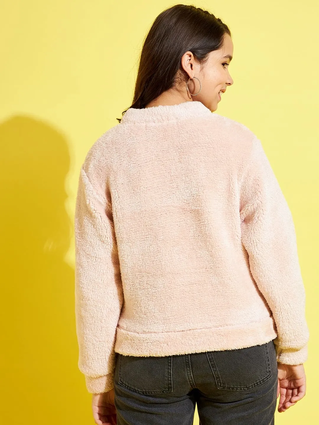 Girls Baby Pink Fur High Neck Sweatshirt - Lyush Kids