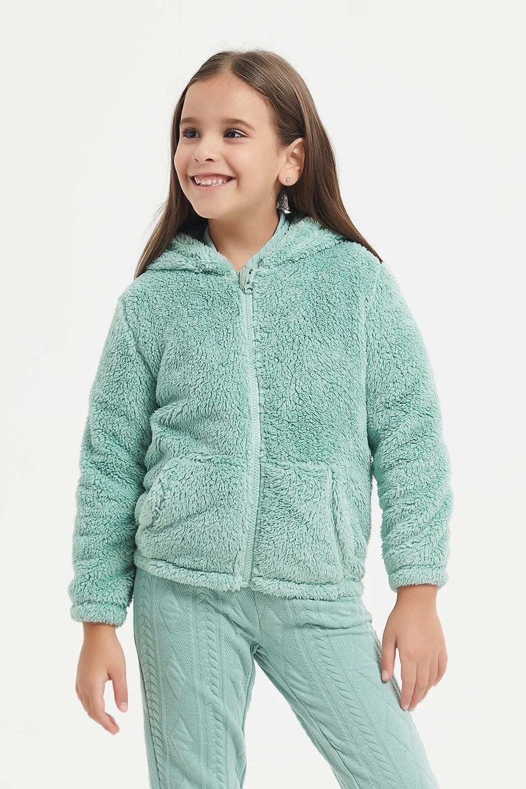 Girls Green Rabbit Fur Sweatshirt