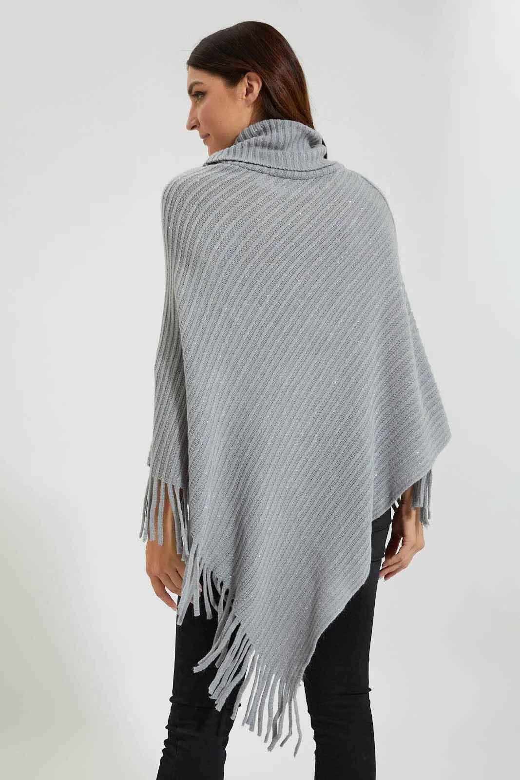 Grey Roll-Neck Sequined Poncho