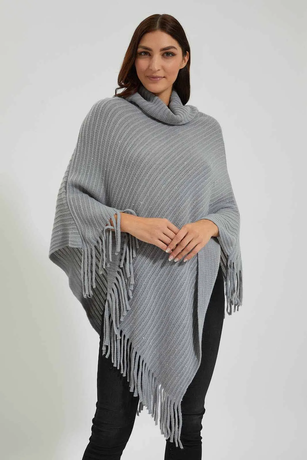 Grey Roll-Neck Sequined Poncho