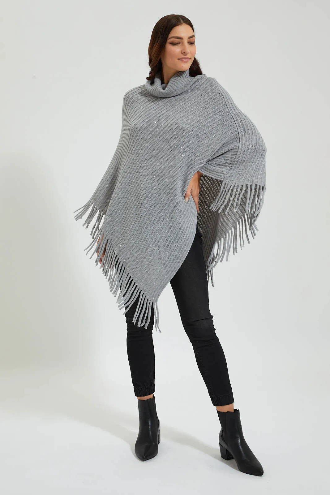 Grey Roll-Neck Sequined Poncho