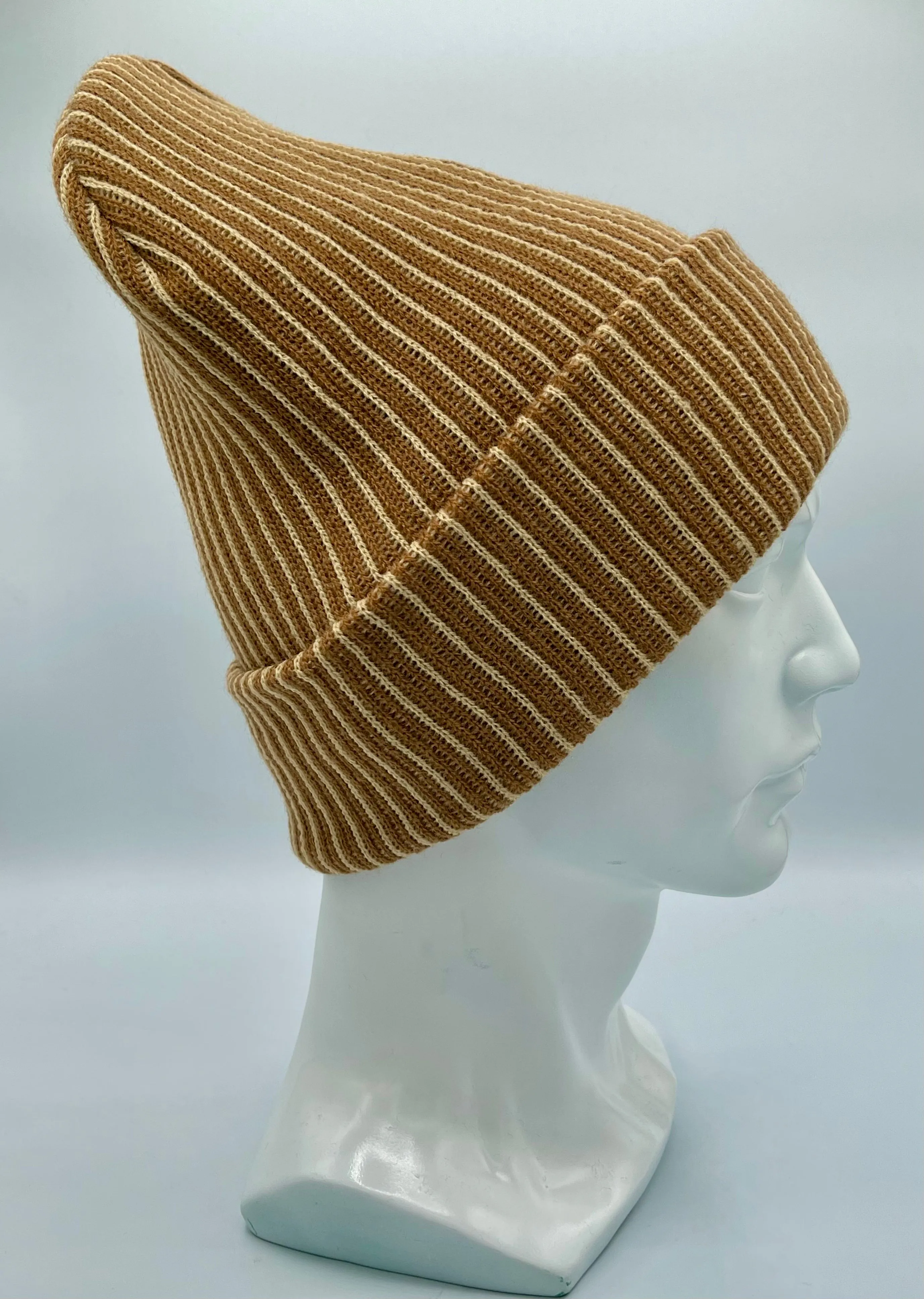 HAAKWEAR Cuffed Wide Ribbed Striped Beanie, Limited Edition, Beige/Brown, Made in USA