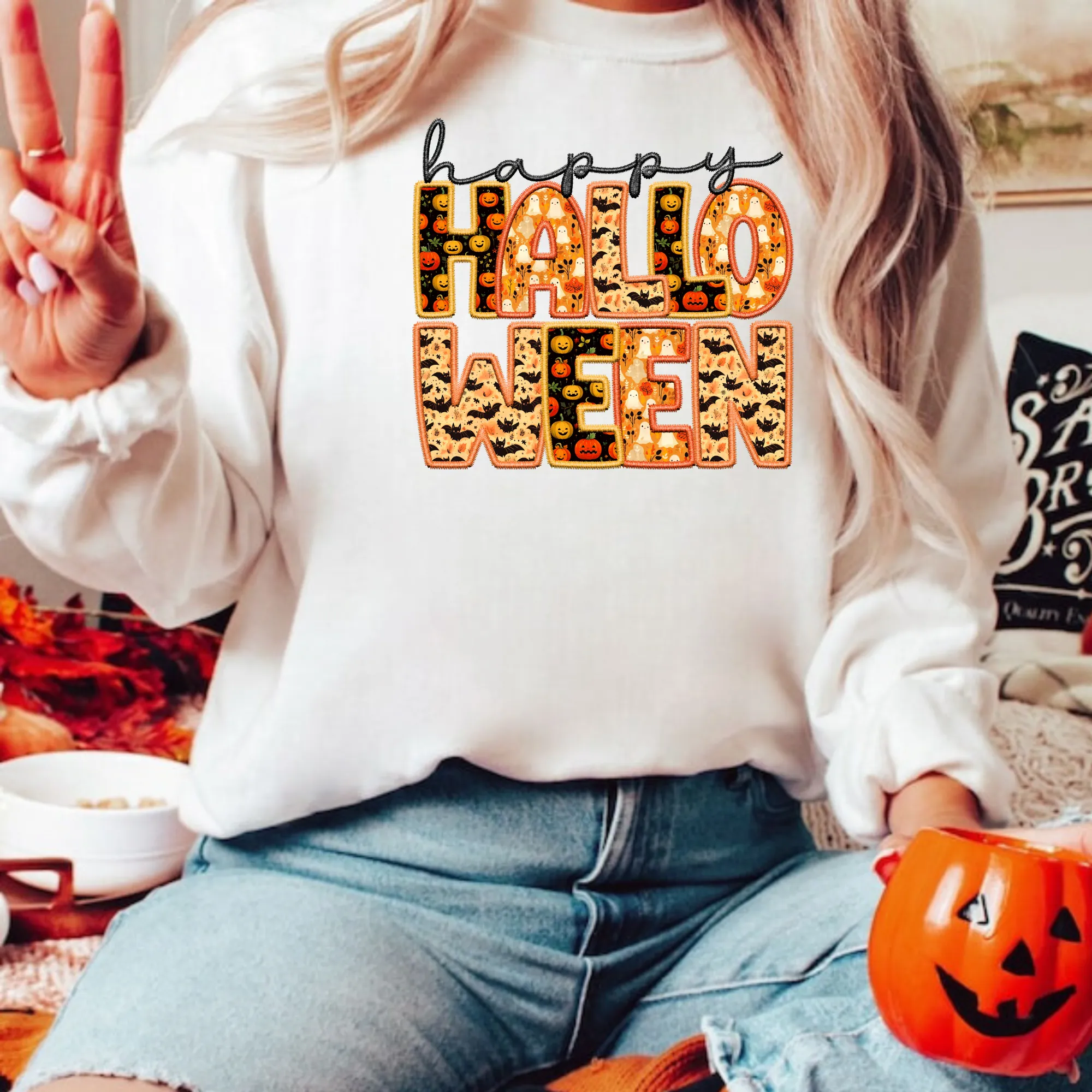 Happy Halloween Faux Embroidery Crewneck Sweatshirt