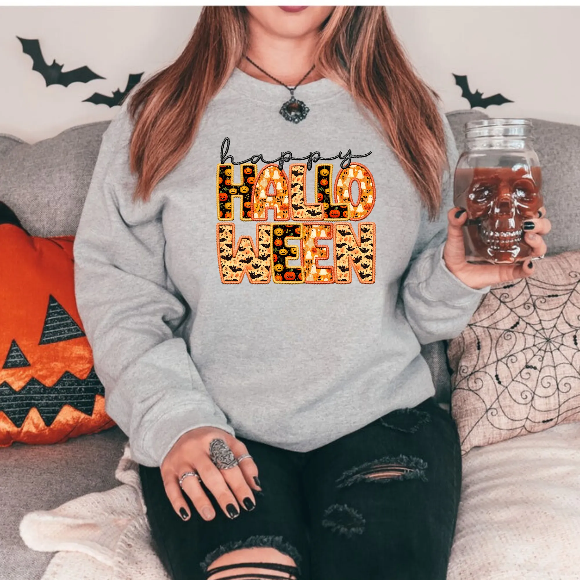 Happy Halloween Faux Embroidery Crewneck Sweatshirt