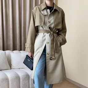 Hit Color Straight Spliced Lace Up Trenches For Women Lapel Long Sleeve Single Breasted Trench Female Fashion