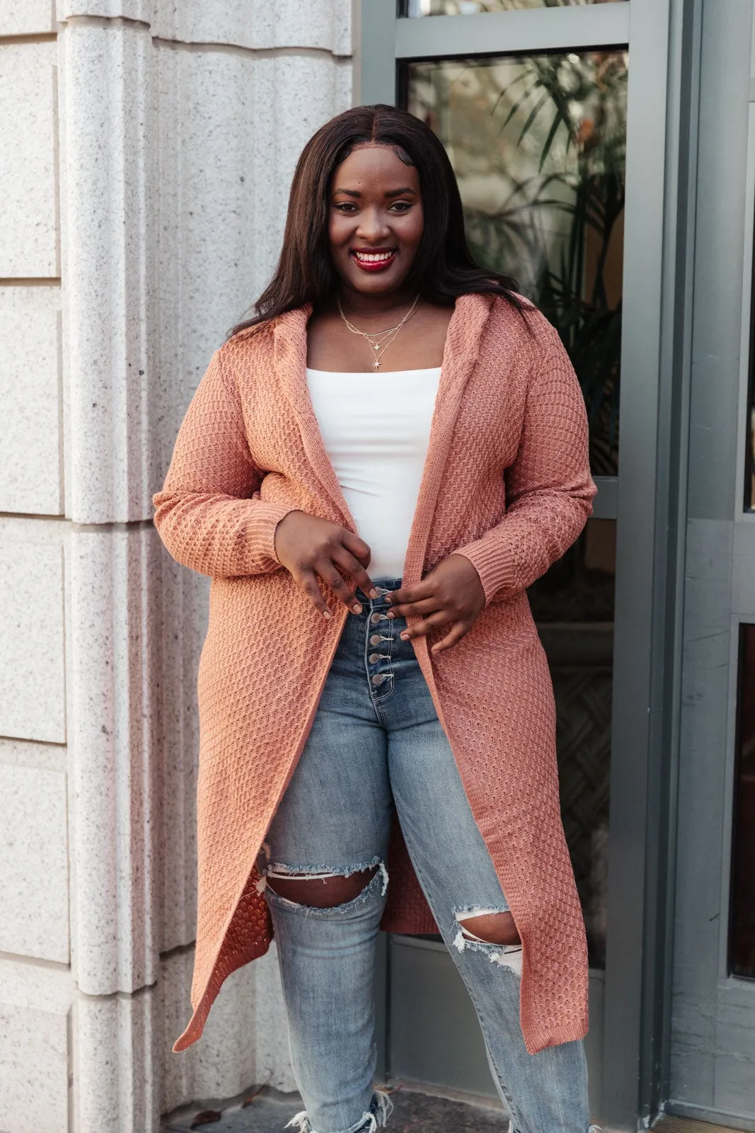 Hooded Cardigan In Red Sand