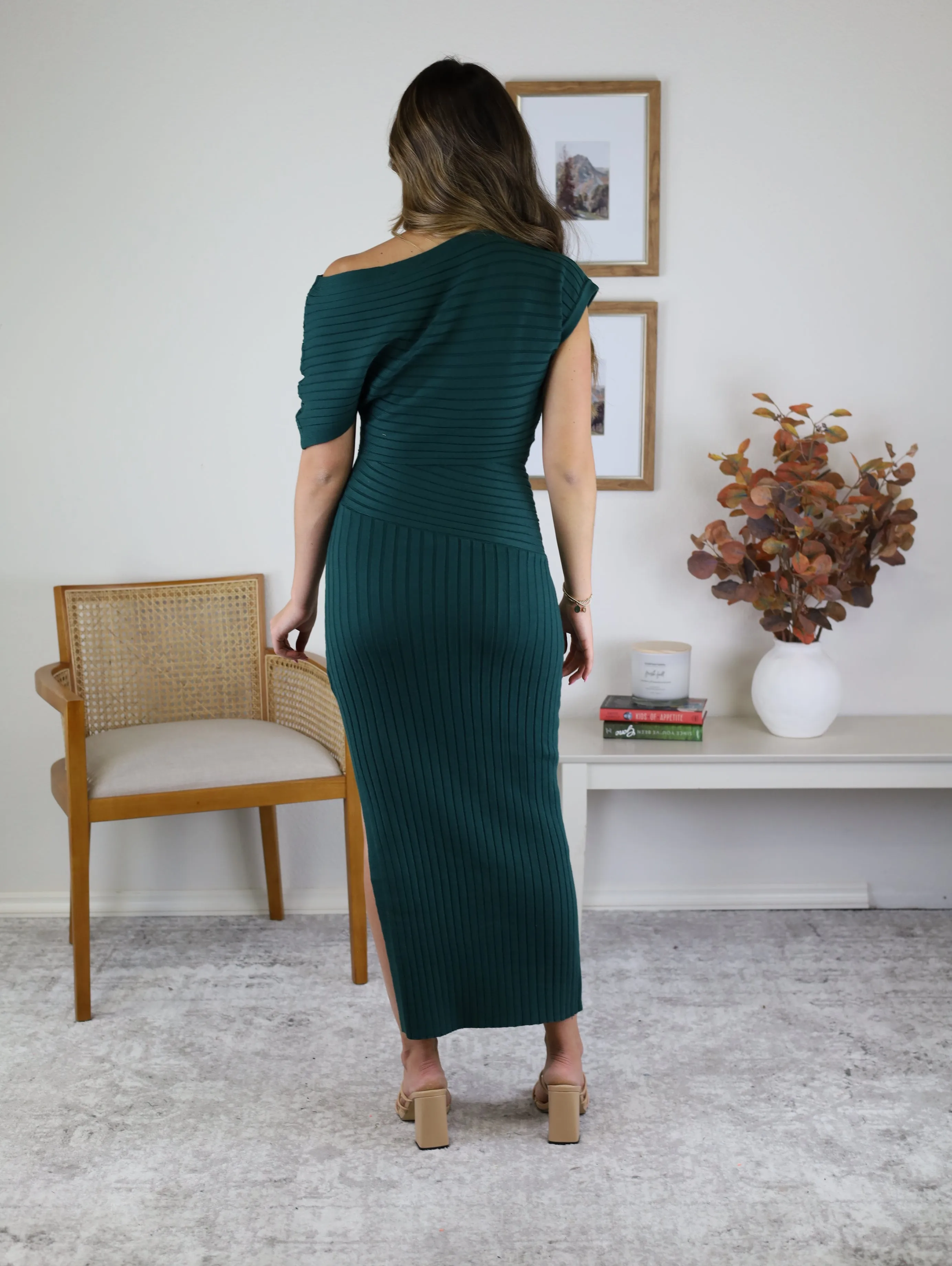 Hunter Off Shoulder Knit Midi Dress - Green