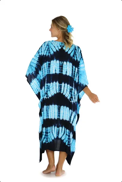 Jungle Blue Tie Dye Fringeless Long Kaftan Poncho