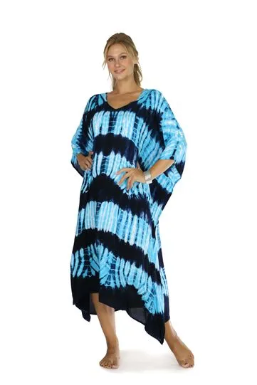 Jungle Blue Tie Dye Fringeless Long Kaftan Poncho