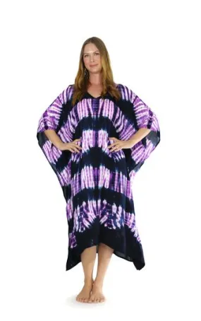 Jungle Purple Tie Dye Fringeless Cover-Up Long Kaftan Poncho