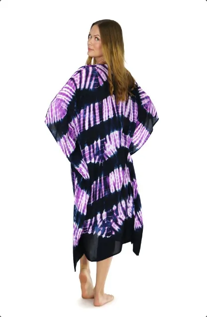 Jungle Purple Tie Dye Fringeless Cover-Up Long Kaftan Poncho