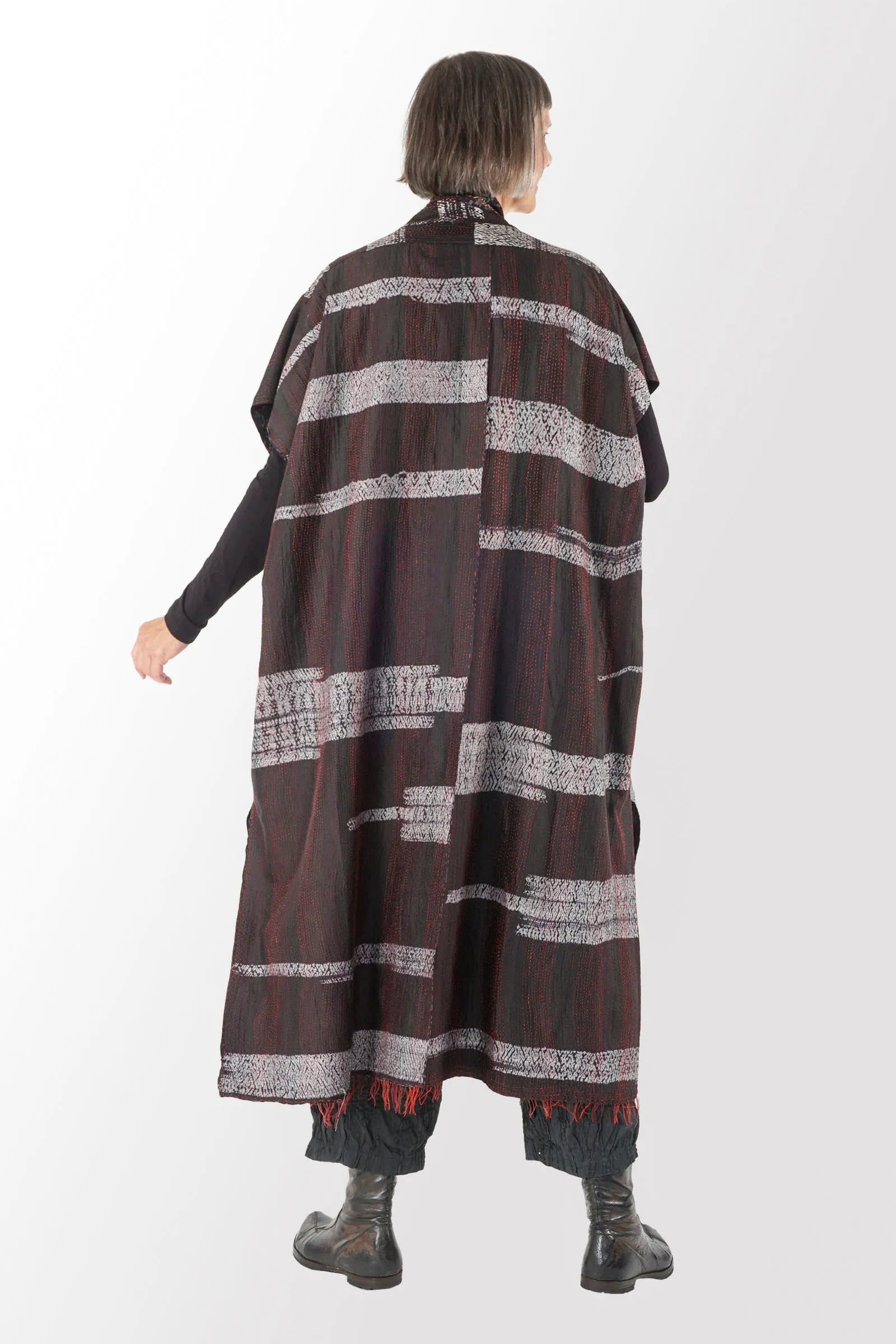 KIMONO PRINT KANTHA PONCHO DRESS - kp2443-blk -