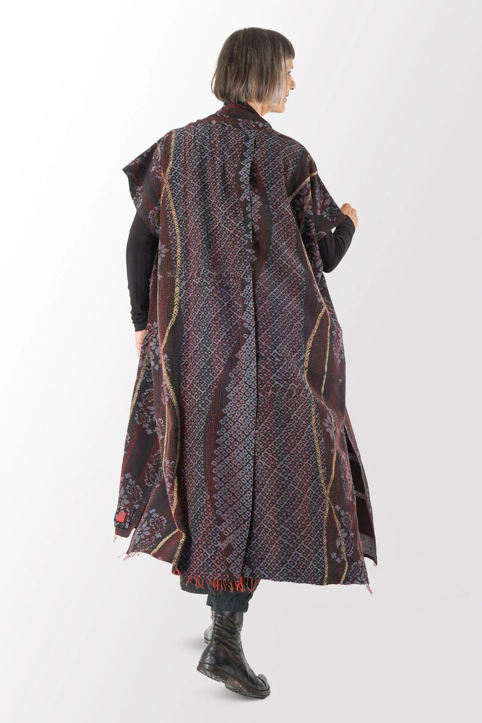 KIMONO PRINT KANTHA PONCHO DRESS - kp2443-blk -