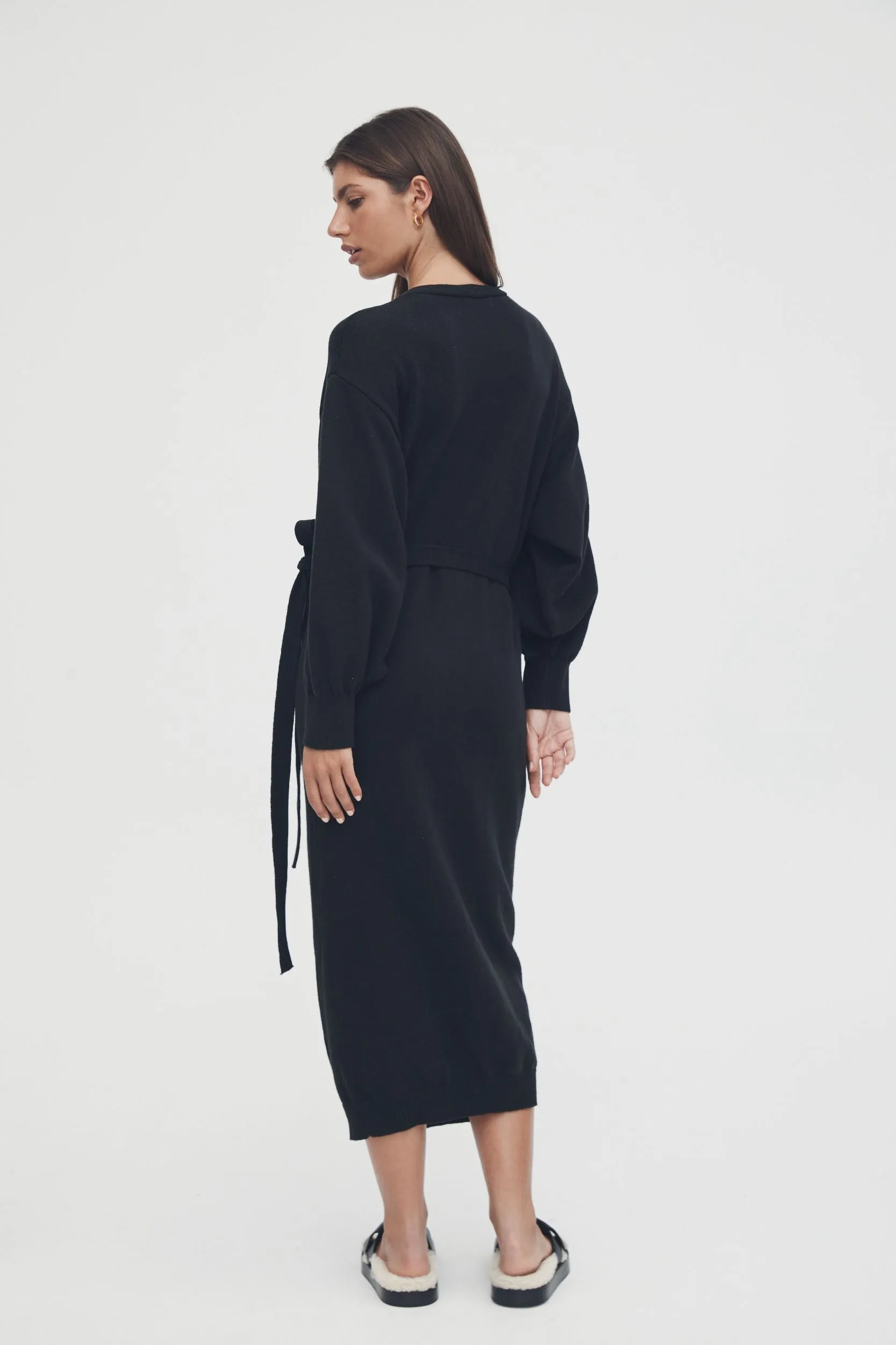 Knit Cotton Wrap Dress (Black)